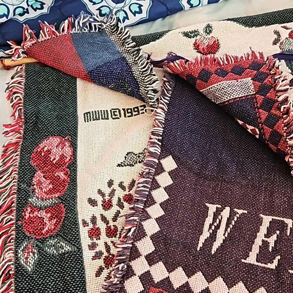 Vintage 90's Apples and Welcome Knit Tapestry Wall Hangings
